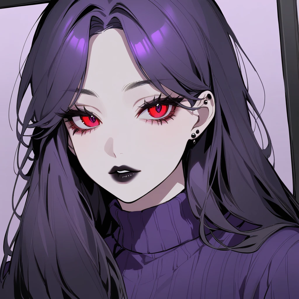 Kyoko has long, flowing black, often messy purple hair. Her piercing red eyes are framed by thick lashes, she have dark, bold lipstick that highlights her full lips. Kyoko wear black and purple pullover that is always too big for Her and black short.