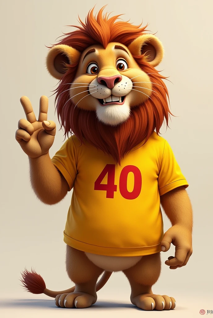I want an image of a realistic drawing of a smiling lion, wearing a yellow shirt with the number 40 in red in the middle, making the letter V with the two fingers of the right hand