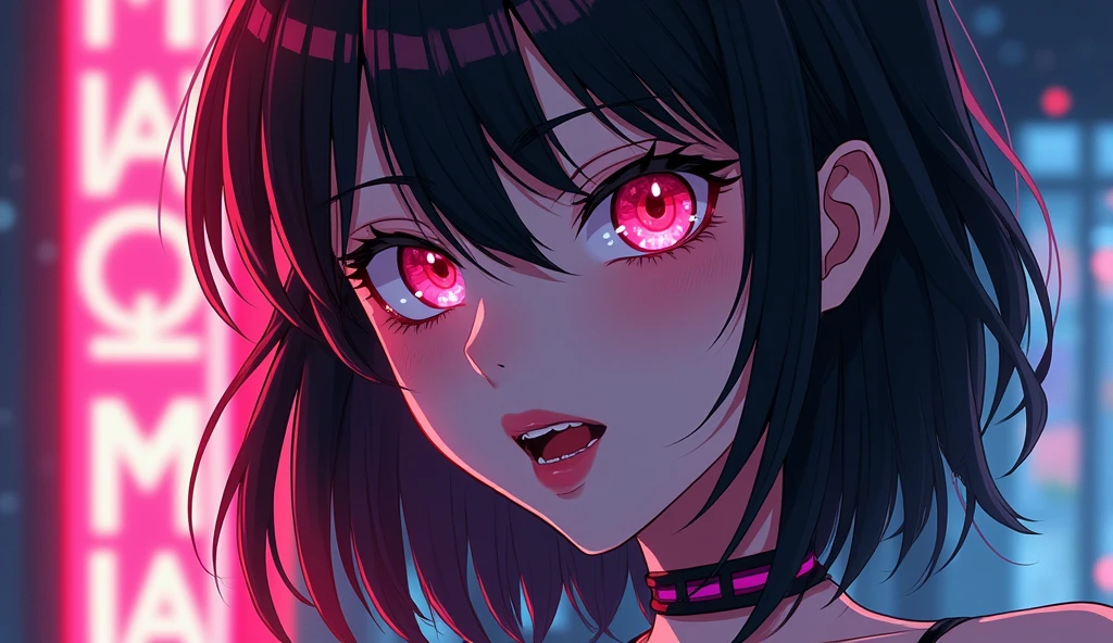 Cyberpunk anime manga with sexy adult female face, sexy hairstyles, sexy lips biting lip, hot sexy lips