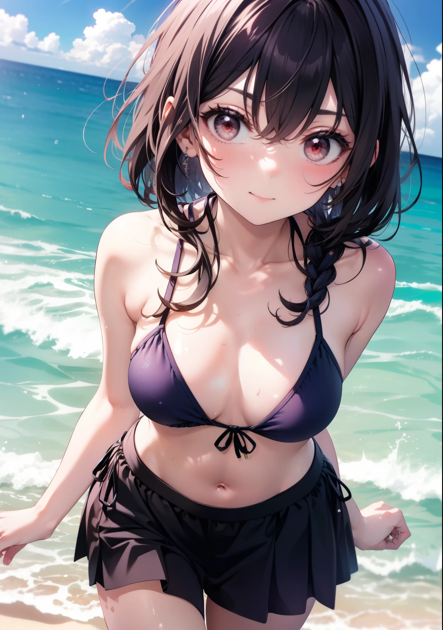 For profit, Next to Kasumigaoka, Black Hair, hair band, Long, thick braids, (Red eyes:1.5), smile,blush,Open your mouth,Black string bikini swimsuit,Belly button,abdomen,A thin long skirt is wrapped around her waist,barefoot,Sandy Beachを散歩している,Daytime,True Summer,Clear skies,whole bodyがイラストに入るように,
break looking at viewer,whole body, (Cowboy Shot:1. 5),
break outdoors, Sandy Beach,Beach,
break (masterpiece:1.2), Highest quality, High resolution, unity 8k wallpaper, (figure:0.8), (Beautiful attention to detail:1.6), Highly detailed face, Perfect lighting, Highly detailed CG, (Perfect hands, Perfect Anatomy),
