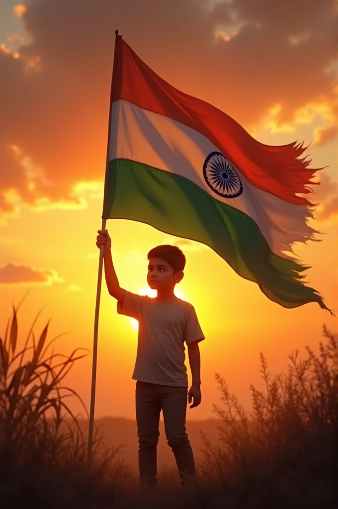 Indian flag holding by a boy standing during sunset
