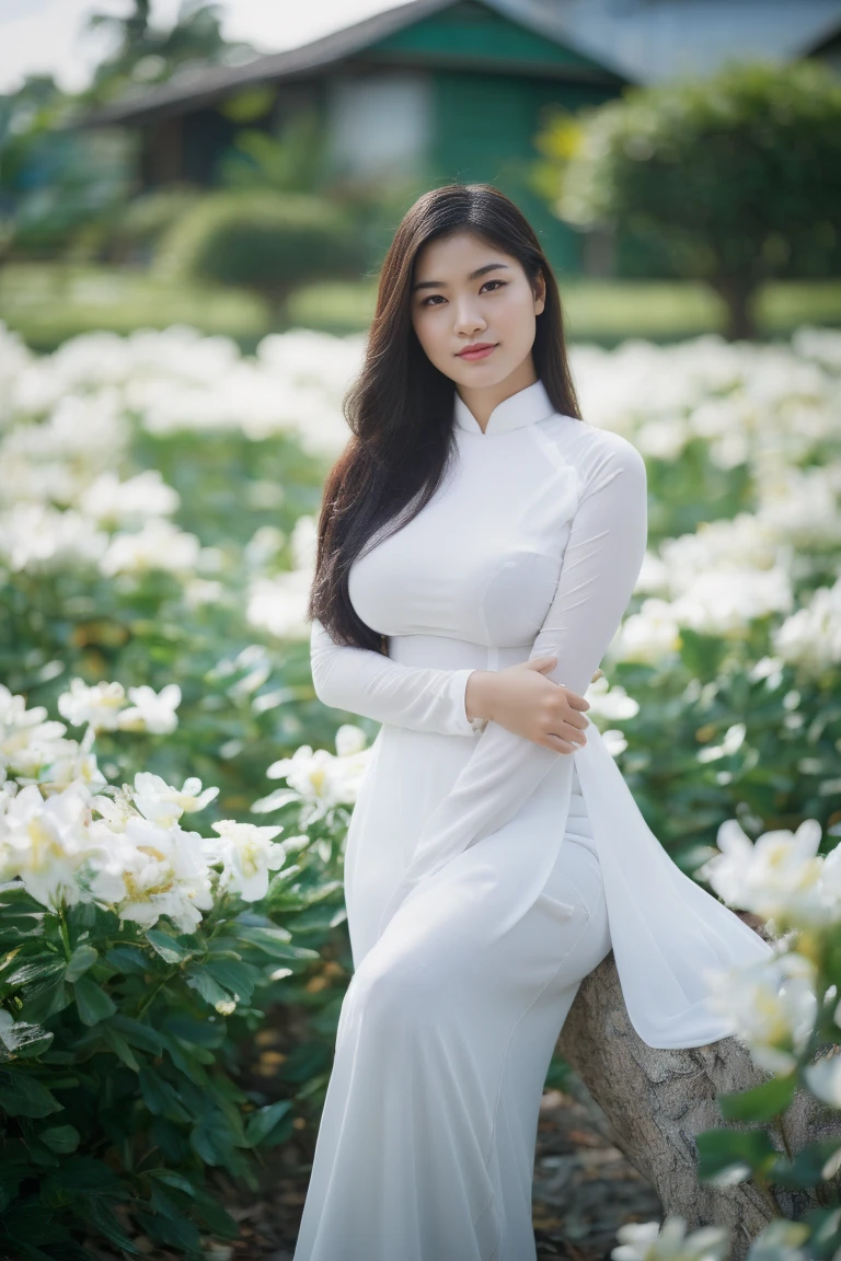 ((1 Vietnamese girl wearing ao dai, chubby body, realistic face with many details, Southeast Asian face, symmetrical face, beautiful person, round breasts, firm breasts, big breasts, super big , big round, high quality detailed photo, quality 8k photo, chubby body, cleavage, wide angle photo, standing, in the field at dawn, full body, white skin, bright white skin tone, super big, sexy sitting posture ))