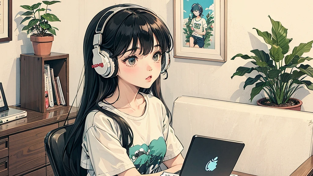 1 person, Blue Long Hair, 80s anime style, I have headphones on, coffee, Retro, Lo-Fi,A room with only white walls, The furniture is only decorated with plants.、Wearing a short-sleeved T-shirt, Close-up of a woman's face