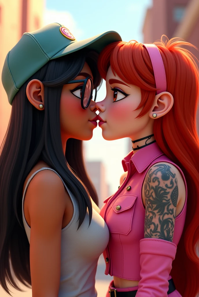 pixar design, Two female teenagers , una de pelo long negro, with glasses and cap, brown skin, another with red hair , long, with tattoos, White skin, pink military style clothing, kissing 