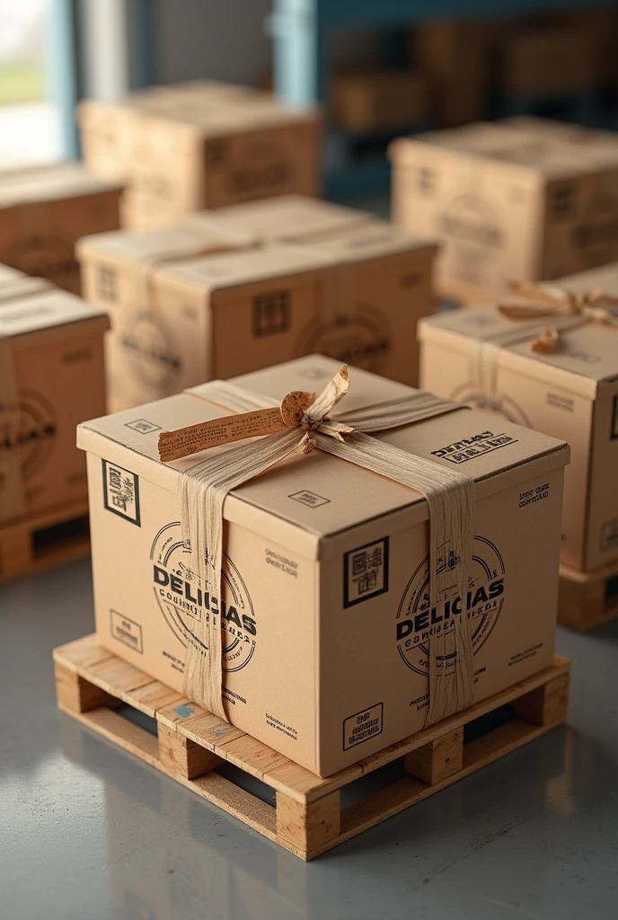 (photorealism:1.2), Show several boxes grouped together in logistics WITH STRAPS AROUND THE BOXES FOR TRANSPORT AND ON PALLETS and with instructions on how to handle the box. But these boxes should have the company name "DELICIAS GOURMET SA" that handles whole grain cookies with nuts in a container