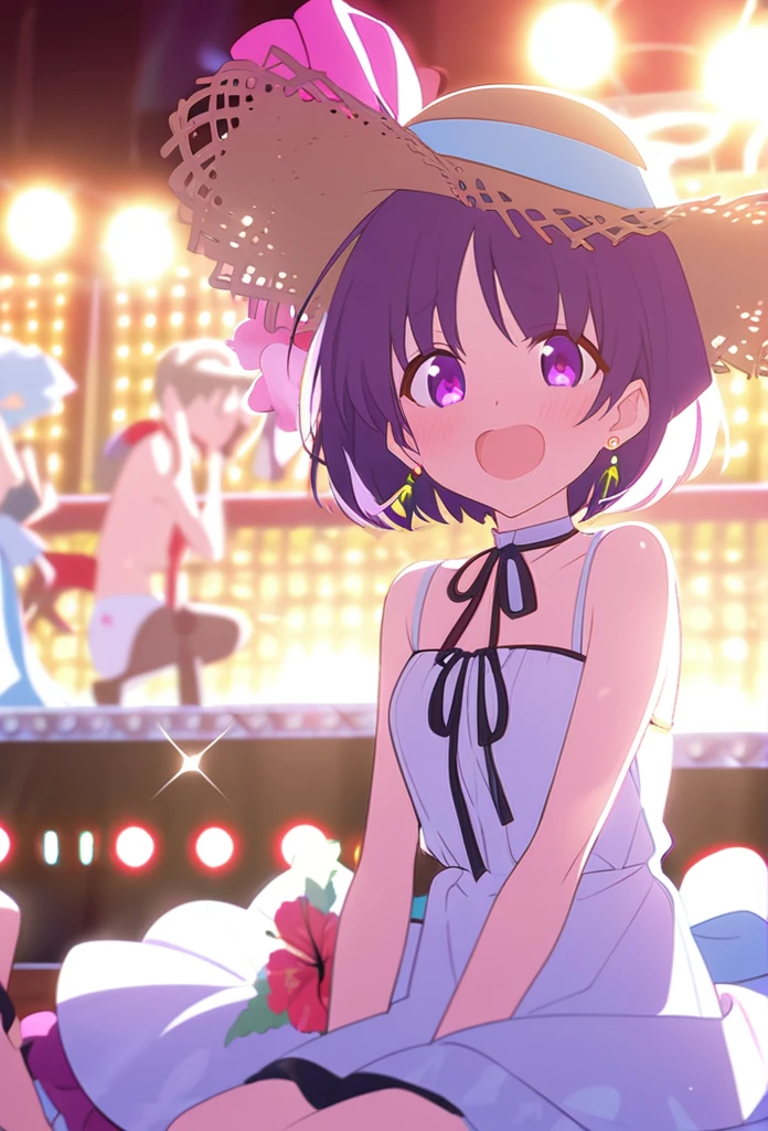 Girl、、cute、Princess、young、Purple eyes、Purple Hair、Short Bob Style、hibiscus、Straw hat、Big ribbon、cute、Being spoiled、smile、Be happy、Eyes glow pink、Red cheeks、stage、Idol、White dress、Swimwear、Small breasts、Embarrassed、juice、sit、Earrings