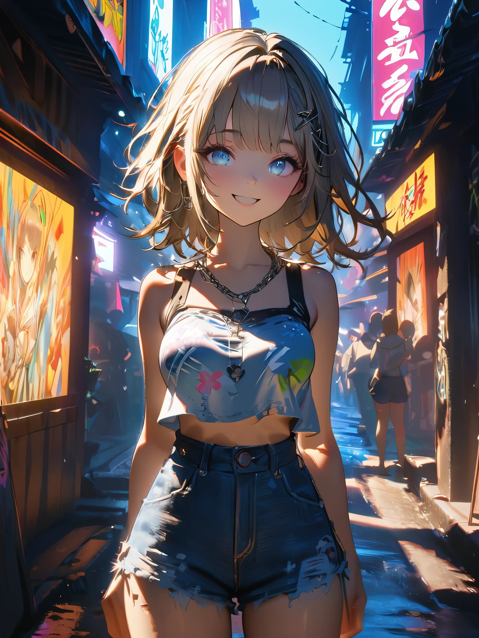 1 person, chromatic aberration, Written boundary depth, Soft Light, masterpiece, Highest quality, complicated, Tone Mapping, A place where fireworks are set off at festivals. Concept Art, Smooth, Clear focus, Dramatic lighting, Very cinematic, super practical painting, アートステーション's trending, 8k, Incredible Shadows, practical,  whole body, View, Viewers, Portrait of a Girl 1, standing on street corner, Heavy rain and lightning、Dark Sky, neon and cyber punk background, she is dressed in punk clothing with silver chains and silver spikes, Her hair was dyed light brown.......................Ominous aura of light, smile, punk, ciber punk, Backlight.Fashionable clothes、Friendly dress code: she、She's wearing a cute blue denim sleeveless top with an open back and denim shorts.。...My breasts are a little big.