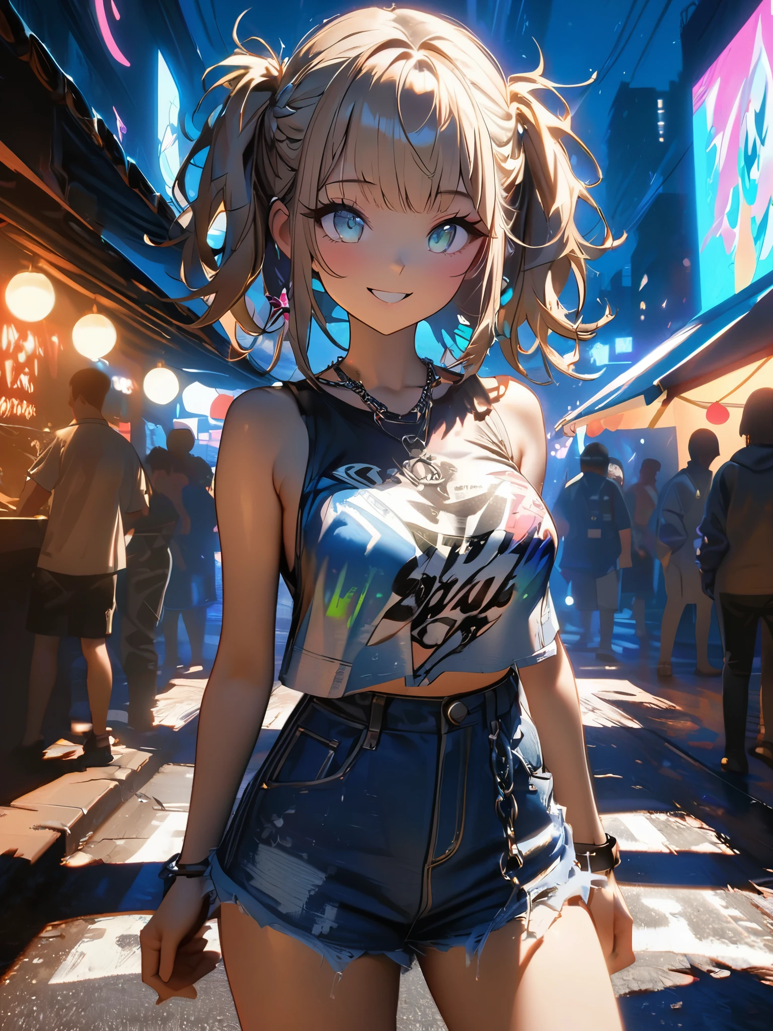 1 person, chromatic aberration, Written boundary depth, Soft Light, masterpiece, Highest quality, complicated, Tone Mapping, A place where fireworks are set off at festivals. Concept Art, Smooth, Clear focus, Dramatic lighting, Very cinematic, super practical painting, アートステーション's trending, 8k, Incredible Shadows, practical, whole body, View, Viewers, Portrait of a Girl 1, standing on street corner, Heavy rain and lightning、Dark Sky, neon and cyber punk background, she is dressed in punk clothing with silver chains and silver spikes, Her hair was dyed light brown.......................Ominous aura of light, smile, punk, ciber punk, Backlight.Fashionable clothes、Friendly dress code: she、She's wearing a cute blue denim sleeveless top with an open back and denim shorts.。...My breasts are a little big.