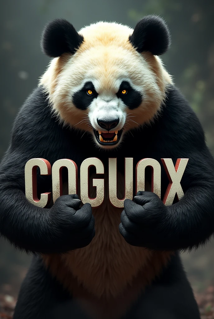 Create an angry panda holding the name COGUOX with its paws.