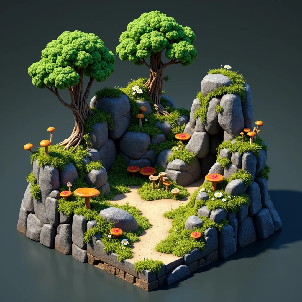 3D Model Games, Tribal style, Square land model of rocks, Ancient forest with rocks, Trees and mossy decaying wood, mushroom, Flower and grass growth.