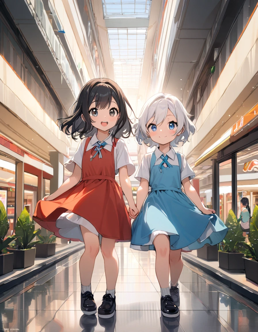 (((((2girls A and B))))), ((A and B little girl)), ((A and B petite)), ((A and B teenage)), ((A and B young girl)), ((A and B young age)), ((A and B 10 year's old)), ((A girl white hair)), ((A girl long hair))), ((B girl black hair)), (((B gril short hair))), (((full body))), sisters, join hands, smile, Shopping mall, best quality, masterpiece