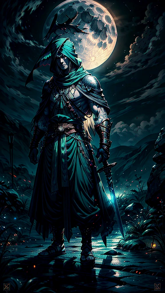 In green color islamic drees muscular warrior wearing a long turban on his head a long veil on head backside full body cover islamic clothes in full moon night 8k quality fantasy illustration in a dark night fantasy illustration with aura nightview 
Here’s the revised prompt including the Zulfiqar sword:

"A highly detailed illustration of an Islamic warrior walking firmly into the distance, facing away from the audience under a full moon night. The warrior is adorned in traditional Islamic attire, including a cloak on his head and a long chadar flowing behind him. He carries the iconic ((Zulfiqar sword,)) which has a split tip, strapped to his back. The scene is set in a vast desert under the dark sky, with rolling white clouds and thick smoke drifting into the air. Eagles soar above as the moonlight casts noticeable shadows and light effects. The image has a vivid color scheme with a focus on dark, deep tones, enhanced by light particle effects. The overall style is akin to an ink painting with clear layers, depth of field, and ray tracing, emphasizing the nocturnal atmosphere. This 8k quality image is suitable for a wallpaper, capturing the mysterious journey through a moonlit landscape."