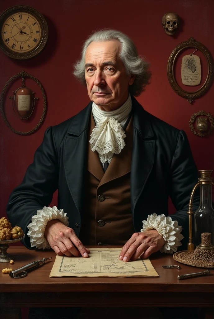 William Harvey with a burgundy background and medical ornaments
