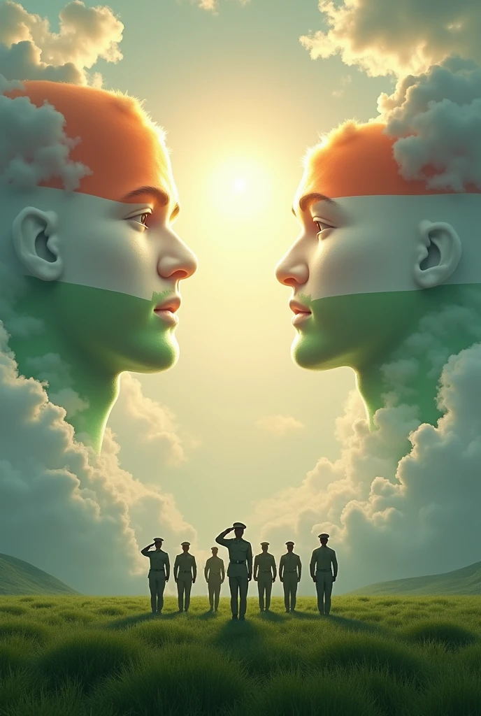 In cinematic 3d render style."The sky is painted with the faces of soldiers, created from wisps of clouds, each wearing a tricolor uniform. The Ashoka Chakra glows in the center, radiating light across the sky. Below, a row of soldiers stands in perfect alignment, saluting with dignity, while the grassland reflects shades of green, echoing the Indian flag’s colors."