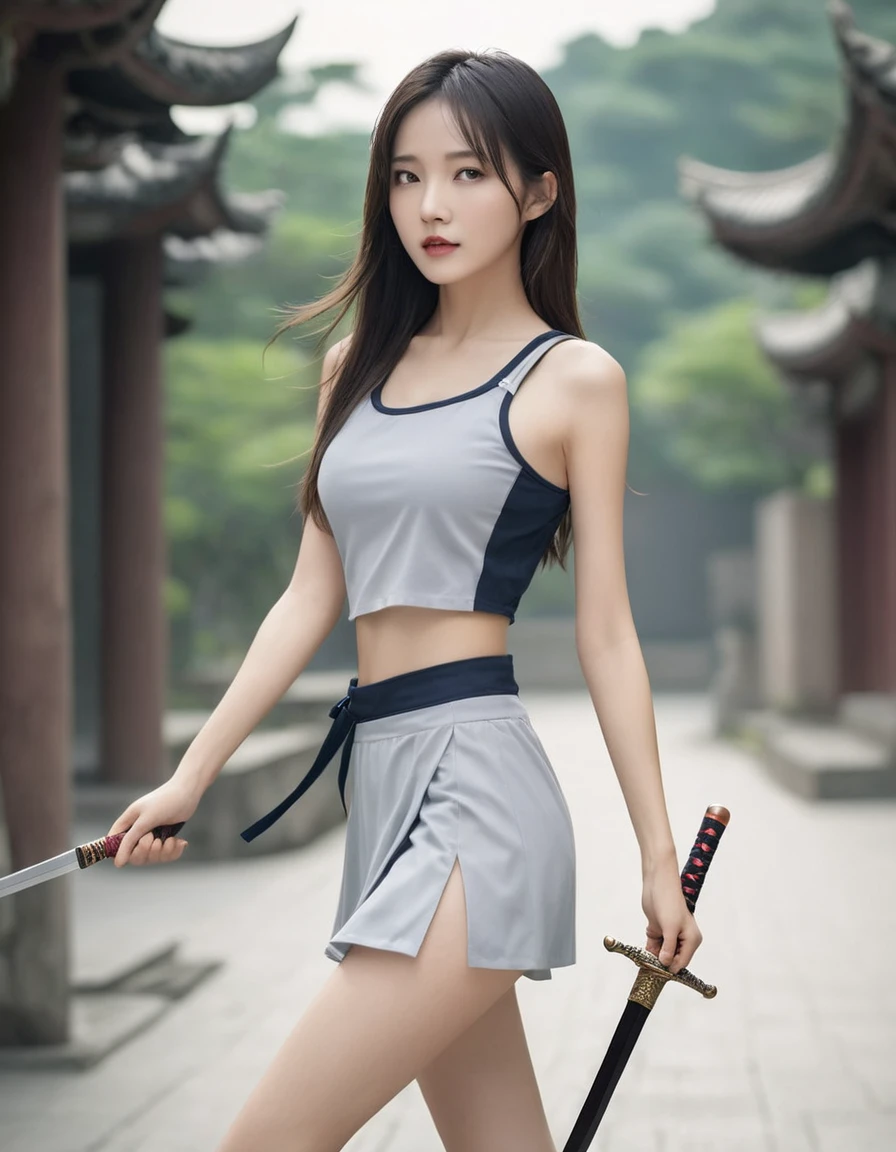 Super high-quality realistic photo, young Taiwanese beauty, long hair, exquisite facial features, tall figure, wearing a sleeveless top with shoulder straps, miniskirt, sword dancing girl, holding a Chinese long sword flying, focus on the girl, short depth of field, blurred background, low angle Photography, full body shots.