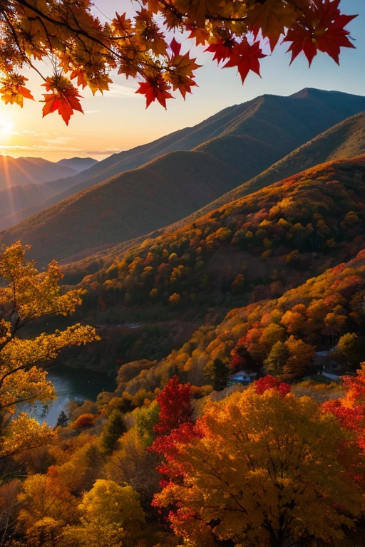 Mountain、autumn leaves、sunset