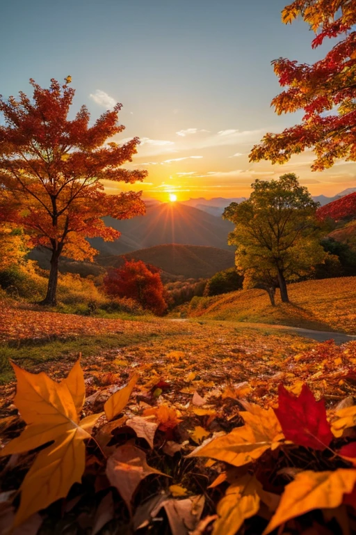 Mountain、autumn leaves、sunset