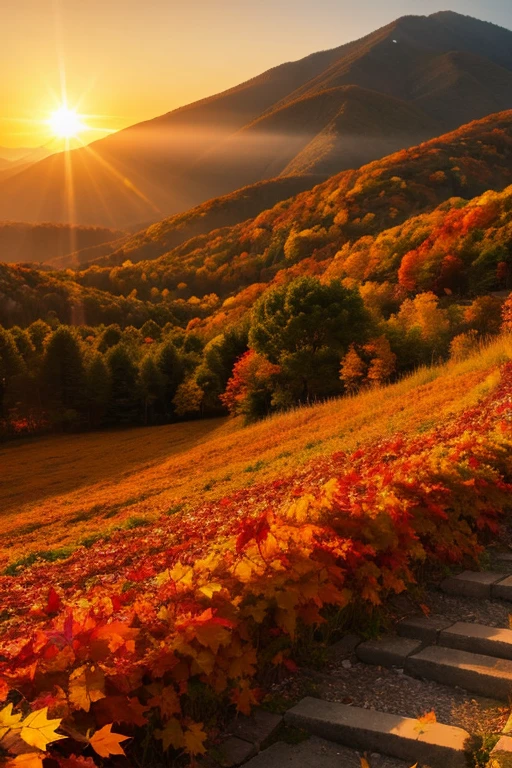 Mountain、autumn leaves、sunset
