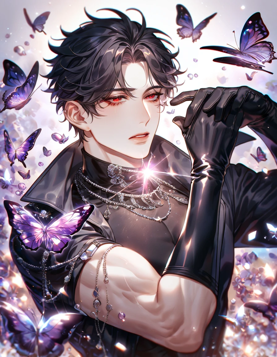 absurdres, highres, ultra detailed, HDR) master piece, best quality, extremely detailed, delicated features, Jaehwan, black hair that parts just above his left eye, expressive red eyes, The World After The Fall, solo, sexy man, handsome, sensual, black trench coat, black tight turtleneck shirt, toned, black gloves, fantasy, magical, glittering, shining, purple flames, purple moon, purple flowers, purple butterflies
