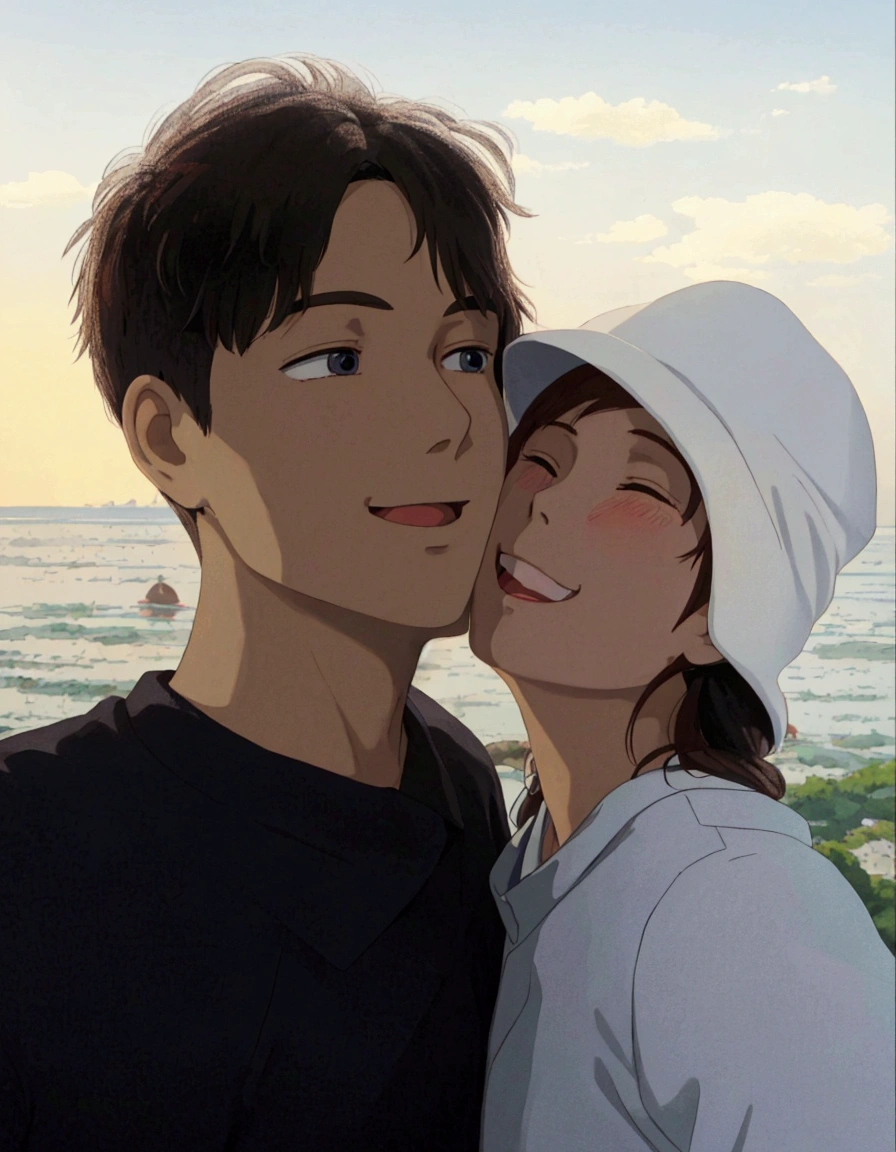 ghibli style, there is a man and a woman that are posing for a picture, kim doyoung, lovely couple, taejune kim, happy couple, profile pic, couple pose, yanjun chengt, in love selfie, shin jeongho, sangsoo jeong, choi, jaeyeon nam, leaked image, couple, a picture, 😭 🤮 💕 🎀, jung jaehyun, smile