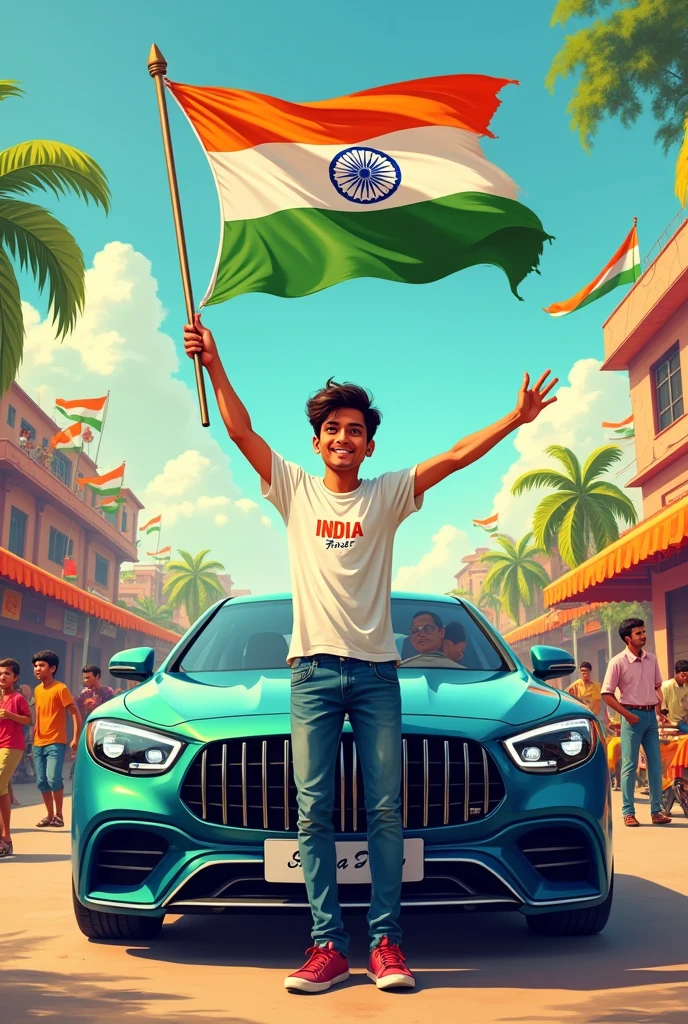 Illustration of an 18-year-old Indian boy standing next to a luxury car, holding the Indian flag high. The background features a colorful Indian street filled with children running with flags, vendors selling sweets, and a group of men chatting at a tea shop. The boy is wearing jeans and a white t-shirt with ‘Kuldeep’ on it, and the text ‘India First’ is written in 3D at the top.”