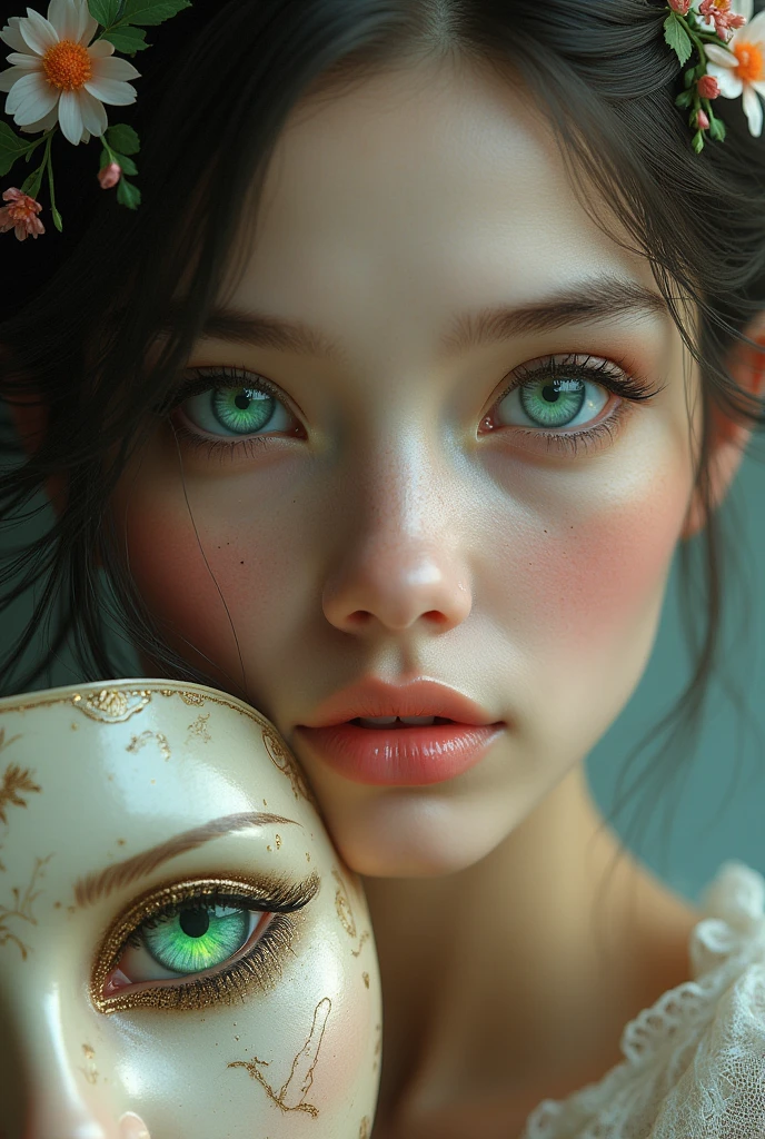 face of a beautiful woman with light eyes. Iris with a landscape of a garden with flowers and birds. her holding a mask

