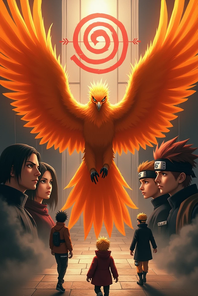 super realistic image, orange phoenix, Naruto faces, sasuke, hinata, Kakashi, boruto. floor, traverser, Karate symbol.