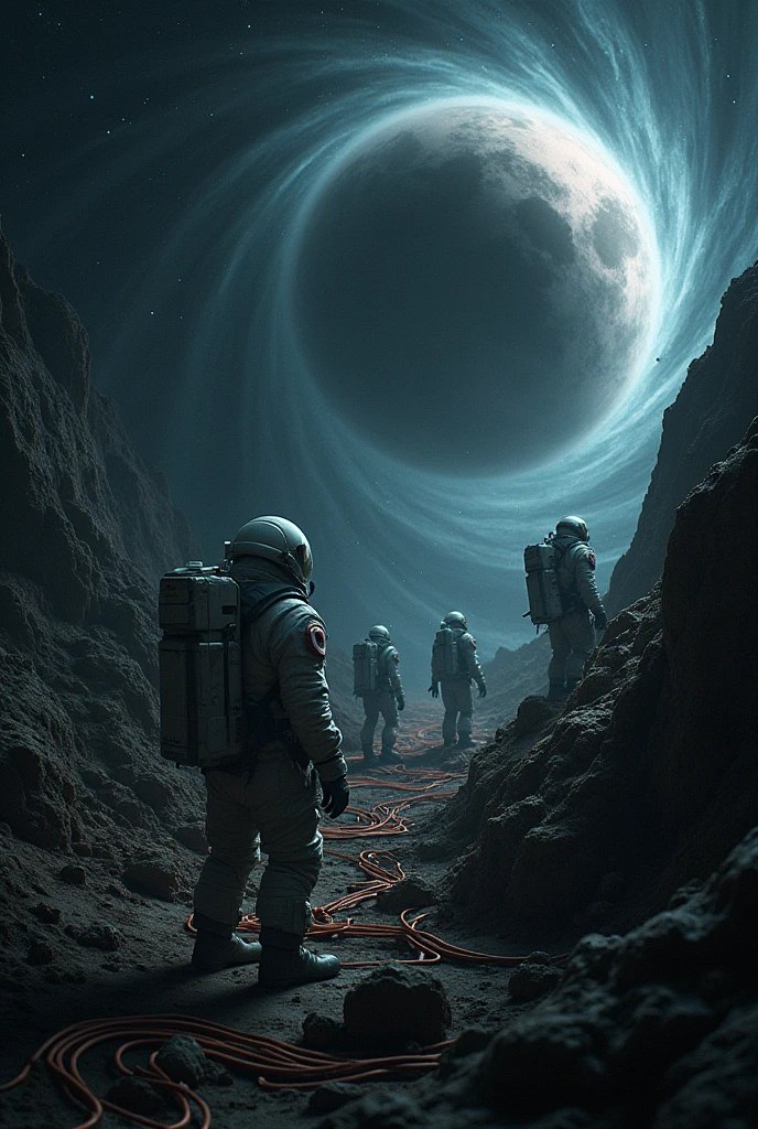 Astronauts has lost their spaceship and they are on the space
And the only thing they see, is their cables and Starz
At the background there is a black hole light
The spaceship is near to the black hole