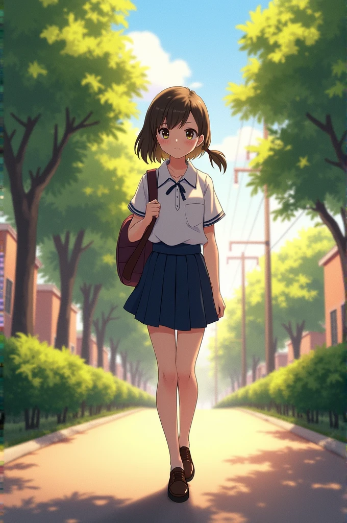 A student girl in uniform is on the way of school