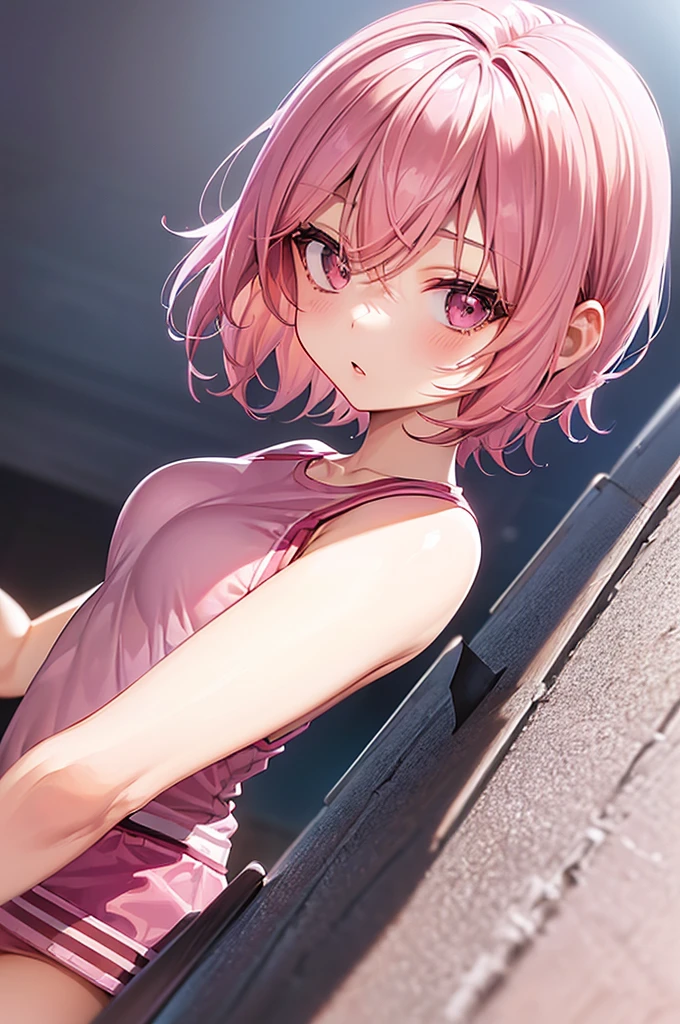 masterpiece, best quality,anime style, 1 girl,(((slender body))), (((small eyes,small breast))),(((cheerleader uniform))), (beautiful face), (((short hair))), (((straight hair))), ((((pink hair)))),detailed beautiful skin, (perfect hands, perfect anatomy),scream