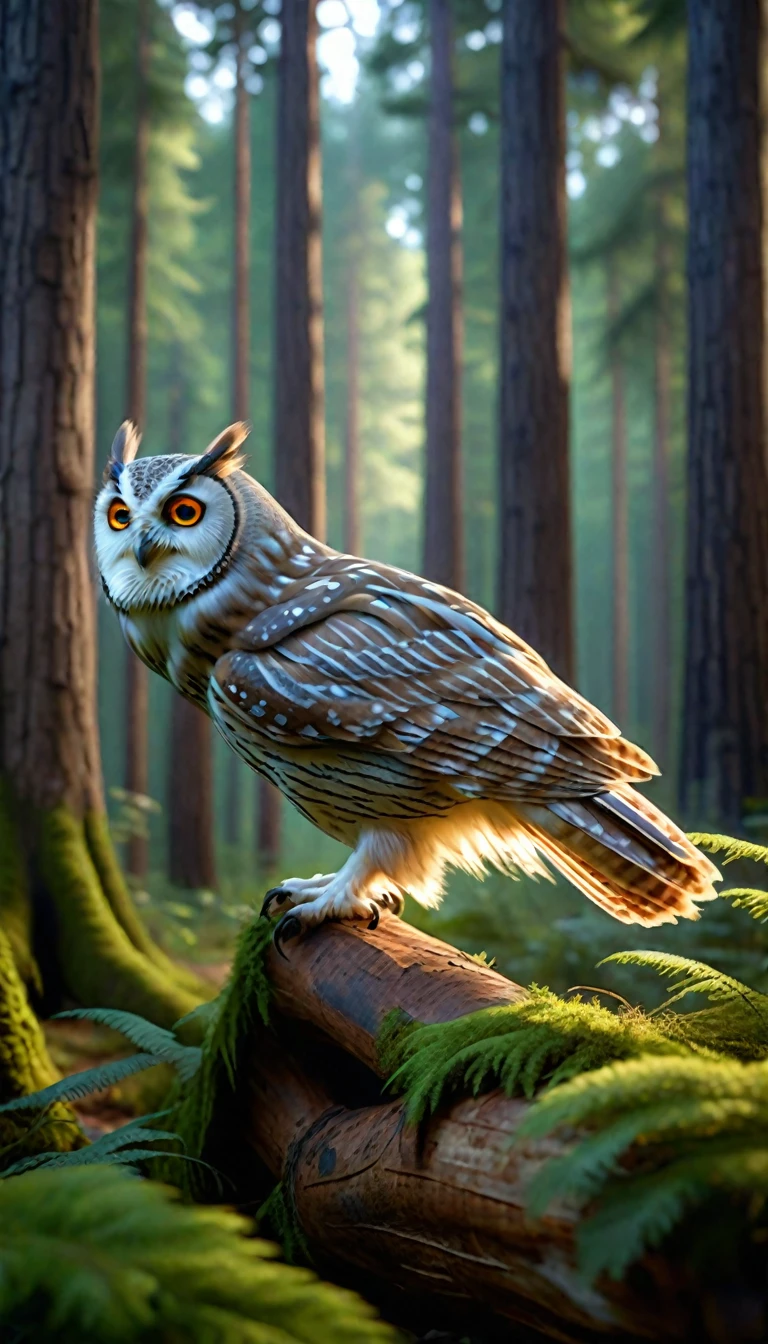 Four-eyed owl with a human face in the forest(best quality,4K,8k,High level,masterpiece:1.2),Ultra Detailed,(lifelike,Photo real,Photo real:1.37),Highly detailed animals,Complex patterns,Realistic lighting