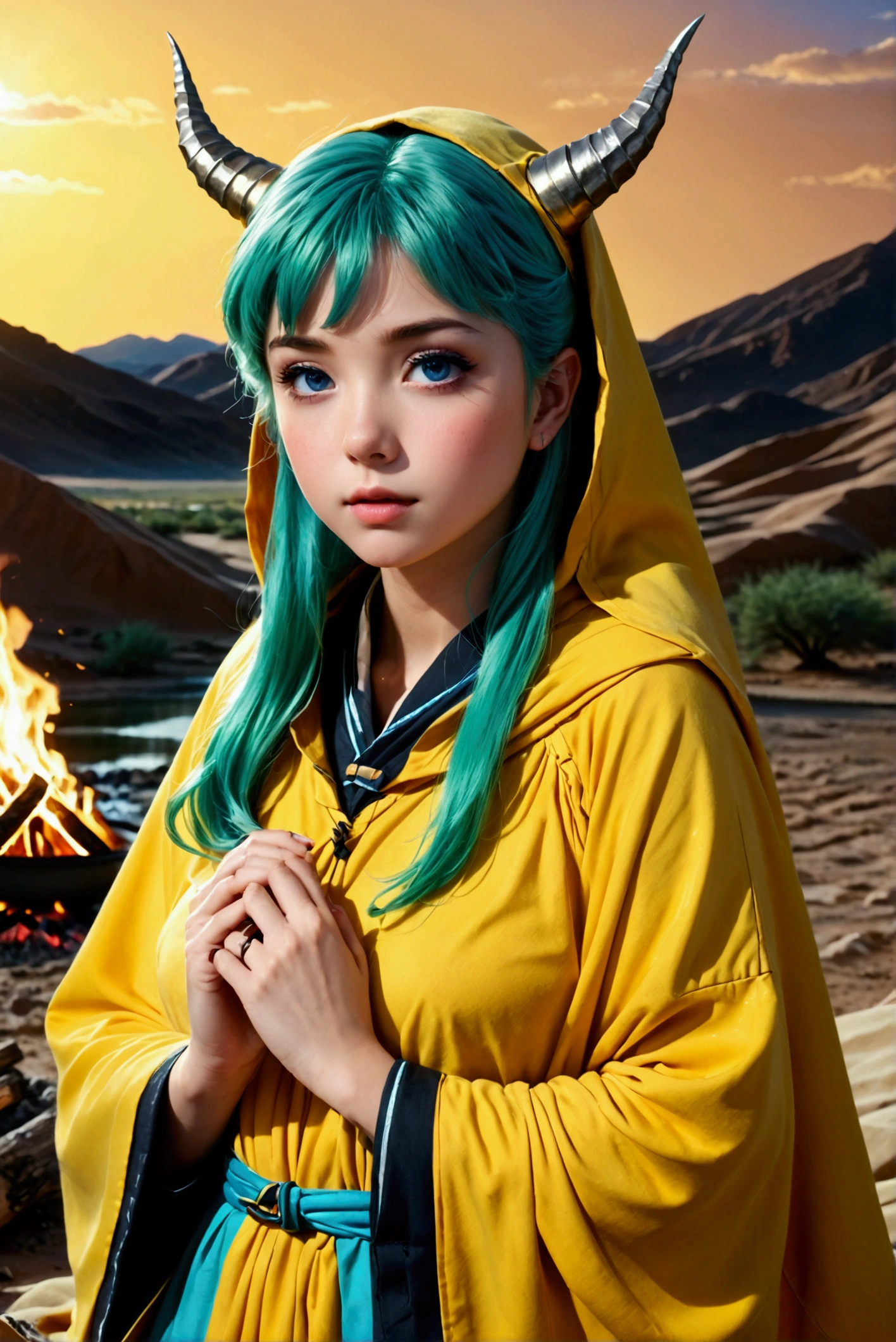 Lum,(best quality,4k,8k,highres,masterpiece:1.2),ultra-detailed,(realistic,photorealistic,photo-realistic:1.37),desert,oasis,small lake,yellow poncho,joyful,looking at the viewer,scorching sun,wiping sweat,core_9, score_8_up, score_7_up, 1980's style, JK, retro, source anime, flat color, (masterpiece), (best quality), (ultra-detailed), (illustration), top quality, official art, 8k wallpaper, very detailed, (an extremely delicate and beautiful), (intense colors), (dramatic lighting). lum, anime screencap, 1girl, solo, dynamic angle, Beautiful, (nsfw:0.95), ((baby face)), cute girl, green hair, blue eyes, yellow (tiny horns), pointy ears, aqua hair, eyeshadow, gorgeous girl, kawai girl, cute face, beautiful eyes, a woman in yellow poncho huddled near a burning campfire,