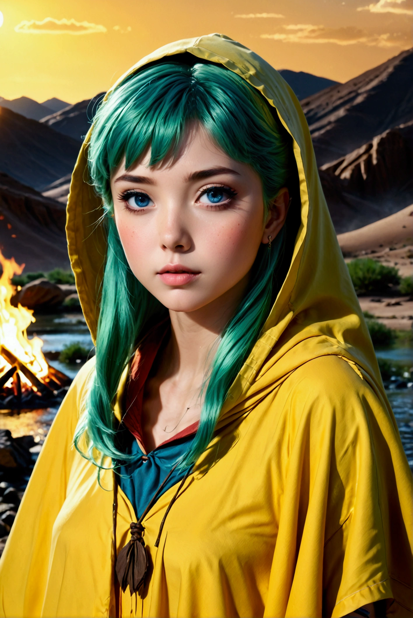 Lum,(best quality,4k,8k,highres,masterpiece:1.2),ultra-detailed,(realistic,photorealistic,photo-realistic:1.37),desert,oasis,small lake,yellow poncho,joyful,looking at the viewer,scorching sun,wiping sweat,core_9, score_8_up, score_7_up, 1980's style, JK, retro, source anime, flat color, (masterpiece), (best quality), (ultra-detailed), (illustration), top quality, official art, 8k wallpaper, very detailed, (an extremely delicate and beautiful), (intense colors), (dramatic lighting). lum, anime screencap, 1girl, solo, dynamic angle, Beautiful, (nsfw:0.95), ((baby face)), cute girl, green hair, blue eyes, yellow (tiny horns), pointy ears, aqua hair, eyeshadow, gorgeous girl, kawai girl, cute face, beautiful eyes, a woman in yellow poncho huddled near a burning campfire,