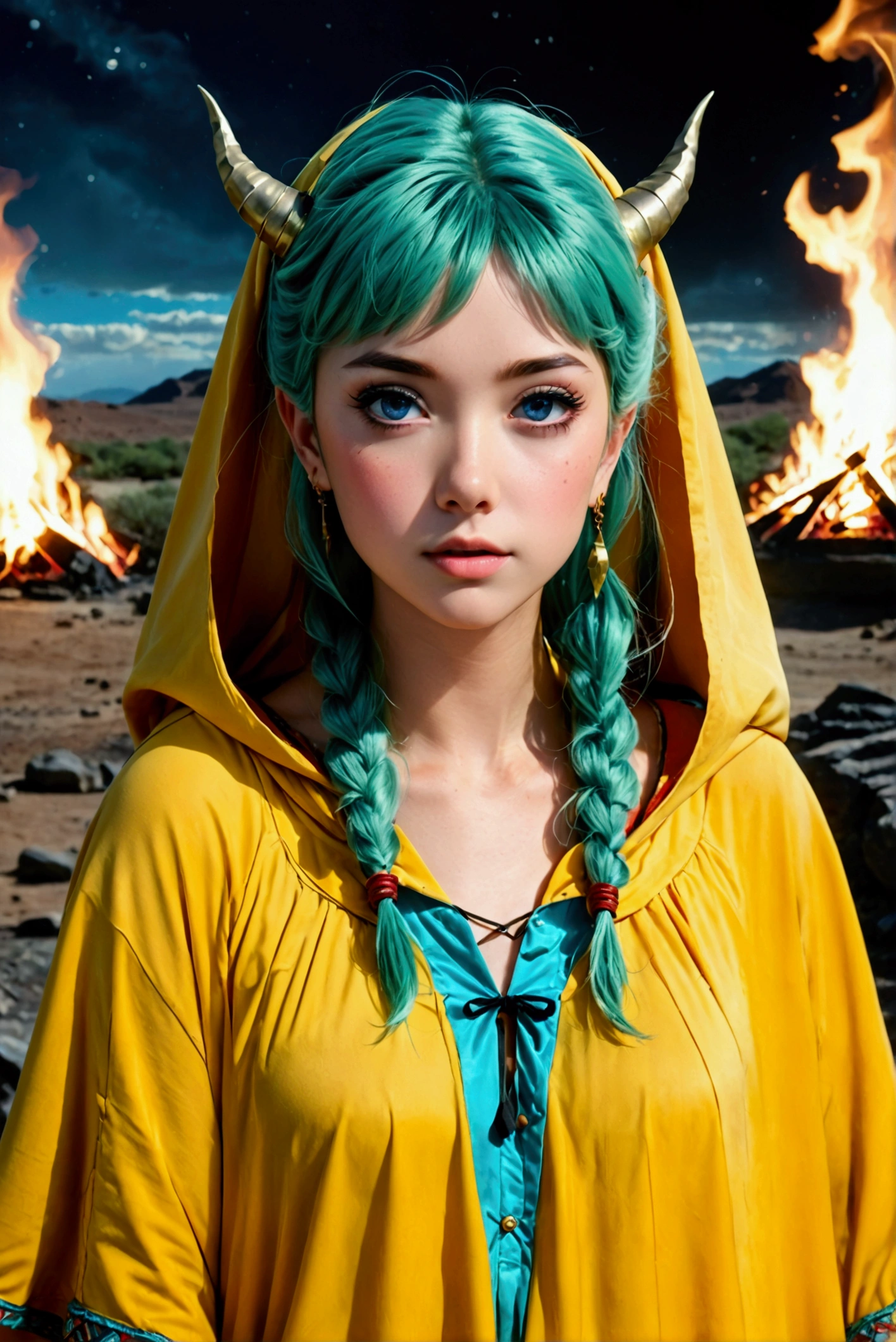 Lum,(best quality,4k,8k,highres,masterpiece:1.2),ultra-detailed,(realistic,photorealistic,photo-realistic:1.37),desert,oasis,small lake,yellow poncho,joyful,looking at the viewer,scorching sun,wiping sweat,core_9, score_8_up, score_7_up, 1980's style, JK, retro, source anime, flat color, (masterpiece), (best quality), (ultra-detailed), (illustration), top quality, official art, 8k wallpaper, very detailed, (an extremely delicate and beautiful), (intense colors), (dramatic lighting). lum, anime screencap, 1girl, solo, dynamic angle, Beautiful, (nsfw:0.95), ((baby face)), cute girl, green hair, blue eyes, yellow (tiny horns), pointy ears, aqua hair, eyeshadow, gorgeous girl, kawai girl, cute face, beautiful eyes, a woman in yellow poncho huddled near a burning campfire,