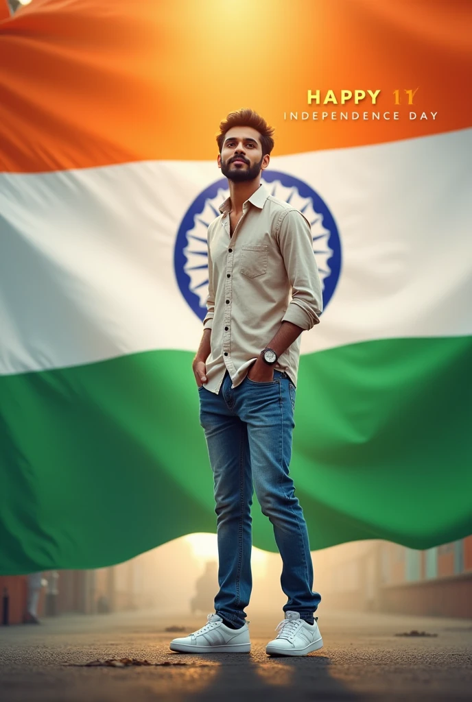 Create an image with a boy 28 years old wearing shirt and sneekers, and the background of indian flag with the title HAPPY INDEPENDENCE DAY .