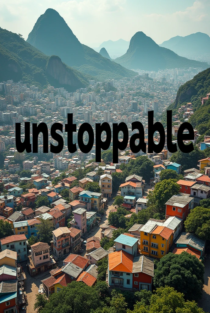 Make a jpeg image of a favela in Rio de Janeiro seen from above with the word unstoppable in neom