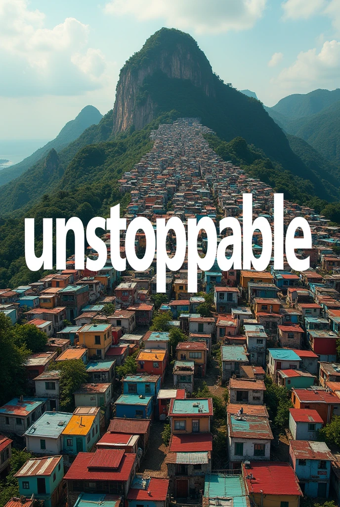 Make a jpeg image of a favela in Rio de Janeiro seen from above with the word unstoppable in neom