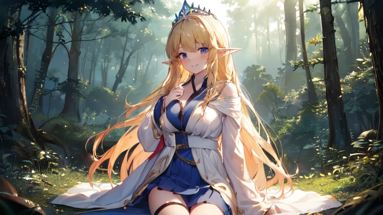 best quality、Highest image quality、Super beautiful elf beauty((22-year-old OL with big bust、Bust 90,Beautiful long permed hair、Blonde、Slender、beautiful tiara、high quality、Elf ears、Happy smile、myth、Sexy的、extremely good、Mysterious Forest、in the woods、super high quality, Super detailed, Ultra-clear, forest, one person, long blonde hair, sleep, Swimsuit, dress, dress, Bathrobe, mini skirt, Stockings, Sexy, looking into the distance,Overlooking, posture, attitude, model