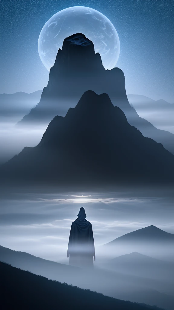 A nocturnal landscape where mountains float in the air, shrouded in a bluish mist, with a figure gazing at the horizon, where a luminous portal begins to open.