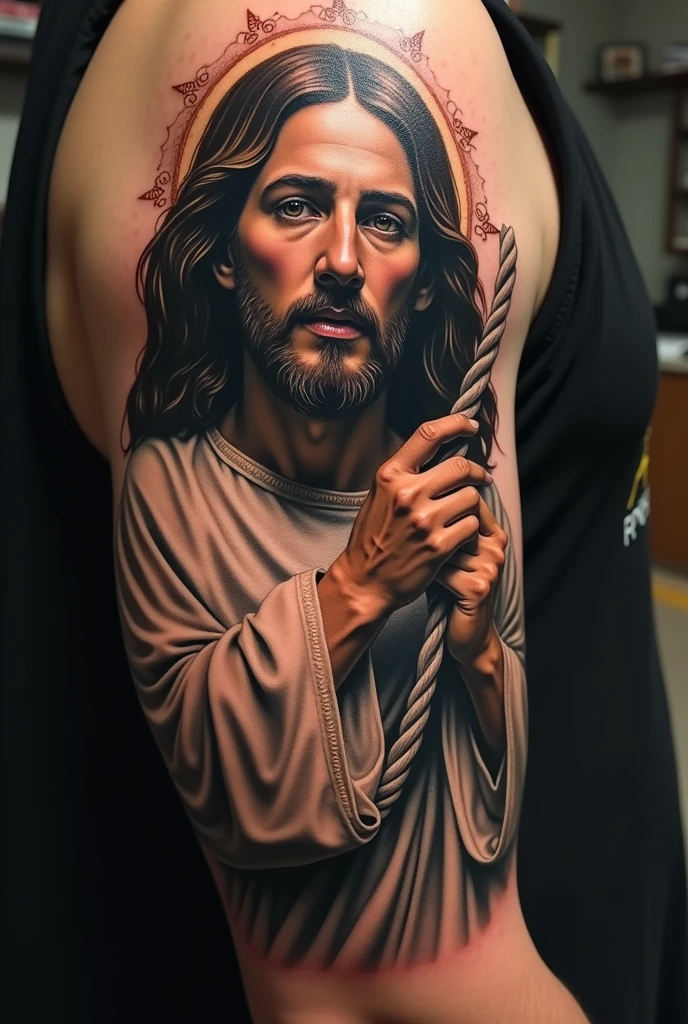 Create an image of a rope breaking but Jesus is holding it in a tattoo