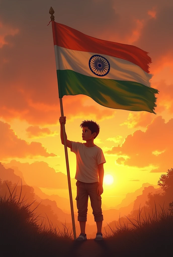 Indian flag holding by a boy standing during sunset