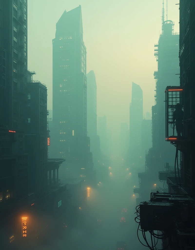 The cityscape of a cyberpunk city shrouded in thick, enigmatic fog、Distant and Near Views、Up-down、evening