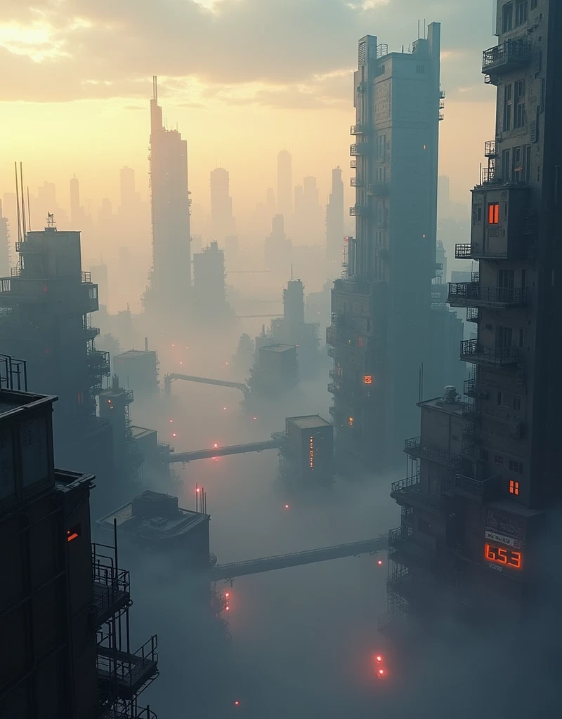 The cityscape of a cyberpunk city shrouded in thick, enigmatic fog、Distant and Near Views、Up-down、evening