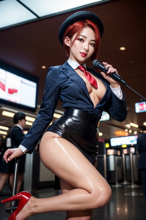 Highest quality,Ultra HD,(((whole body,With legs)))、(((Japanese flight attendant uniform 1.6))), (((Red striped tie, Tight Skirt,best-dressed uniform、Tekast, white formal short gloves,(黒のHigh heels), ((holding a mini microphone)),Japanese CA,A small smile,白いTight blouse)))、((navy bowler hat 1.4)), White gloves, High heels、(Photorealistic:1.4)、(Surreal:1.4)、(Realistic:1.3)、 (Gentle lighting: 1.05)、32K、 One Woman、35-year-old woman、Photorealistic Lighting、Backlight、Facial Light、Ray Tracing、(bright:1.2)、(Improvement of quality:1.4)、 (Highest qualityのリアルテクスチャスキン)、Beautiful Eyes,delicate and elegant features, White blouse,Tight blouse,tight best-dressed uniform, (Enhance your body line:1.1),((Glowing Skin 1.4))、((Short bob with red hair 1.5)),Korean Idol、Idol Pose、A small smile,blush,Beautiful actress、A proper woman,whole body, (((Small and beautiful breasts))),(Perfect teeth alignment),narrow waist and hips,Beautiful legs,Full Shot)、(((Charm、Embarrassing))),(eye shadow),((Red cheeks、Red lips)),Very beautiful night view、At night,A small smile,(((Full Shot)))、(((airport terminal background 1.5))),