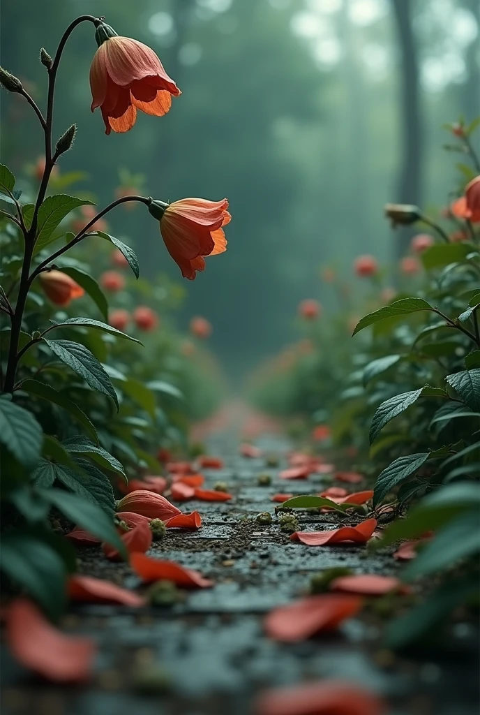 Wilted flowers across the garden, some petals fallen on the ground