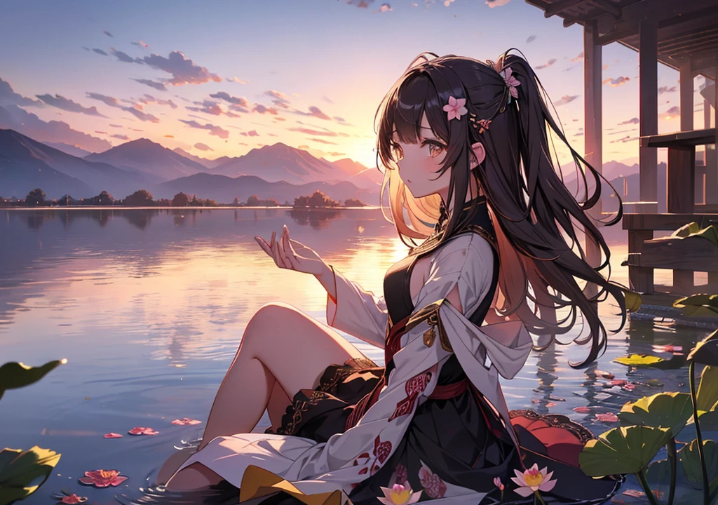 Realistic photos, Focus distance 10mm, Red and white, Beautiful girl, Realistic photos, Shooting at focus distance 10mm, masterpiece, 最high quality, high quality, Very detailed CG 8k wallpaper unit, Award-winning photography, Depth of written boundary, High resolution, bloom, chromatic aberration, Realistic, Very detailed, Art Station Trends, CGsociety Trends, Complex, High detail, dramatic, Art on the go, volumetric lighting, A beautiful girl in the style of a Disney princess is meditating on a lotus flower. The lotus flower floats on a calm lake, colorful butterflies flutter around it, she is concentrating on her meditation, and a sunset sky is in the background, profile