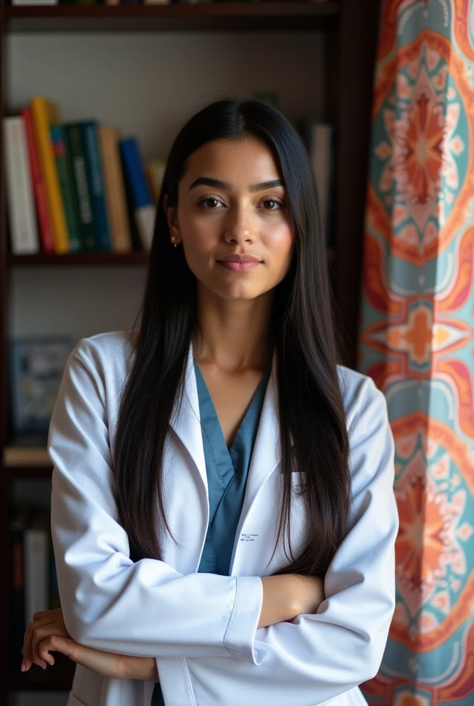 The image is a portrait style photograph showing a young woman with long straight black hair and a light to medium skin tone. She has a small piercing on her left nose and is wearing light pink lipstick. She is dressed as a doctor. The background includes a colorful patterned curtain on the right and a shelf with books and other items on the left. Of a Guatemalan nationality.