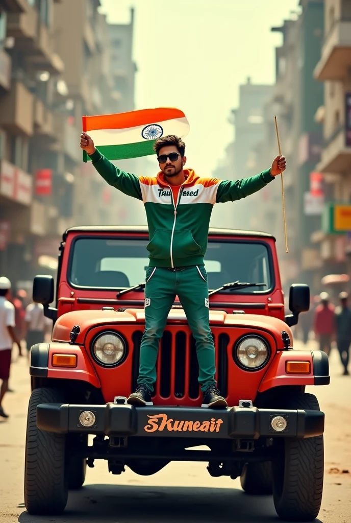 Prompt :- Realistic image of an Indian city road in the background. A beautiful young man stands through the hood of a Thar Jeep, holding a 15 August Indian flag. He is dressed in a 15 August-themed hoodie and pants with 'TAUHEED' printed on the hoodie, wearing black sunglasses. The scene is vibrant and patriotic, capturing the essence of India's Independence Day.