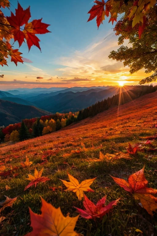 Mountain、autumn leaves、sunset