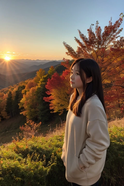 Mountain、autumn leaves、sunset